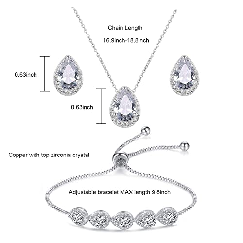 Teardrop Cubic Zirconia Jewelry Set for Women Wedding Prom Bridesmaid Gift | Sparkle Necklace Earrings Bracelet, Bride Formal Party Jewelry - color: White Gold