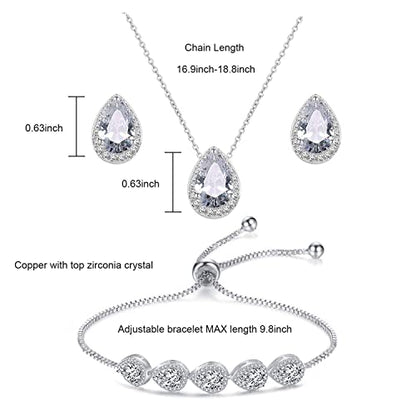 Teardrop Cubic Zirconia Jewelry Set for Women Wedding Prom Bridesmaid Gift | Sparkle Necklace Earrings Bracelet, Bride Formal Party Jewelry - color: White Gold