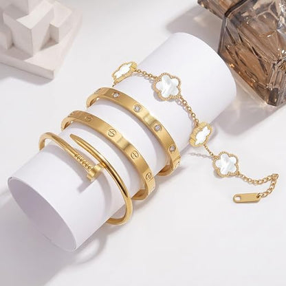 Stackable Gold Bracelets for Women - 4 Sets, 18K Gold Plated Bracelets, Stainless Steel Bangle Bracelets Non-Tarnish, Stylish Gold Jewelry Ensemble, Valentine's Day, Birthday and Christmas Jewelry Gifts - color: A6-(Gold 4Sets)