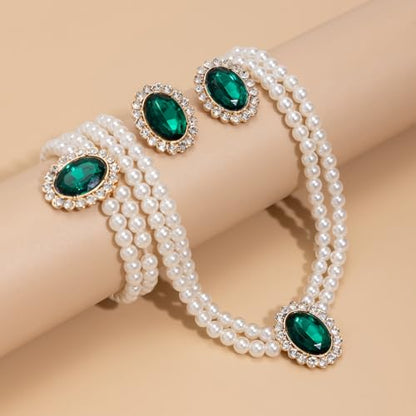 3Pcs Dainty Elegant Imitation Pearl Beaded Choker Necklace Bracelets Earrings Set Handmade Adjustable Faux Pearl Necklace for Women Bridal Wedding Party Prom Birthday Valentine Jewelry Gifts - color: E green