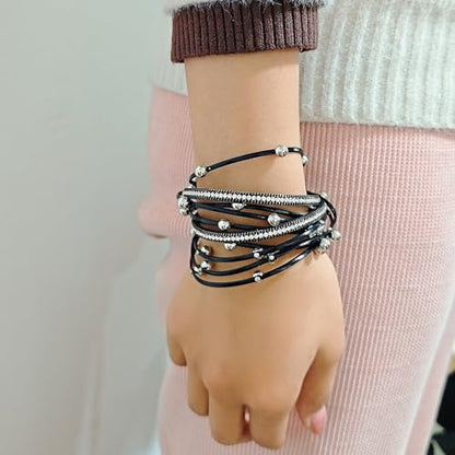 ZMANYIJEW Leather Wrap Bracelets for Women,Boho Cuff Bracelets Multi-Layer Crystal Beads Cuff Bracelet Multilayered Leopard Leather Braided Bangle Wrist Cuff Bangles - style: bead-black