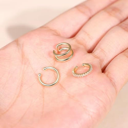 3Pcs 14K Gold Ear Cuff Earrings for Women Adjustable Non Piercing Ear Cuffs Sterling Silver Fake Earrings Clip on Cartilage Earring Ear Cuffs Jewelry - style: Style C-14K Gold