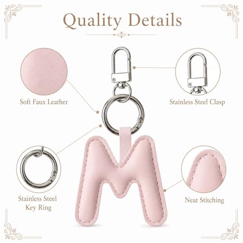 Initial Letter Keychain,Stainless Steel,Colorful Faux Leather Keyring for Backpack,Purse,Car Keys,Gift for Men Women - color: M
