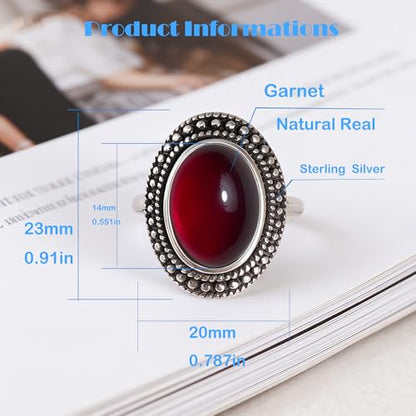 Retro Sterling Silver Stone Ring,Antique Natural Real Oval Crystal Quartz Gemstone Boho Bohemian Ring Jewelry for Women - color: A18_Garnet