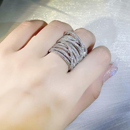 PAVOOI 14K Gold Plated X Ring Simulated Diamond CZ Criss Cross Ring for Women Juude Jewelers Silver Rose Gold Braided Wrap Knot Style Promise Statement Cocktail Party Ring(Silver.I-US Code-6) - color: SILVER.I, size: (US Code-6)