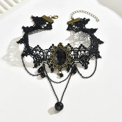 Gothic Lace Choker Necklace for Women, Pearl Sexy Tassel Adjustable Choker Necklace, Boho Halloween Jewelry for Festival Party Cosplay Costume Gifts - color: black Rose Tassels