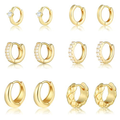 Wgoud Small Gold Hoop Earrings Set for Women, 6 Pairs 14K Gold Plated Hypoallergenic Lightweight Huggie Hoops Earrings, Trendy Cartilage Cubic Zirconia Earrings for Women Gifts. - color: E-Gold hoops