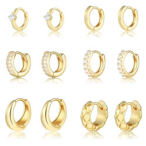 Wgoud Small Gold Hoop Earrings Set for Women, 6 Pairs 14K Gold Plated Hypoallergenic Lightweight Huggie Hoops Earrings, Trendy Cartilage Cubic Zirconia Earrings for Women Gifts. - color: E-Gold hoops