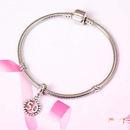5,10,15,16,17,18,20,21,25,30,35,40,42,49,50,55,60,65,70 Number Charms for European Bracelet, 925 Sterling Silver Birthday Pendant Beads with CZ, Gifts for Mothers Day/Anniversary - color: Silver Color Number 50 Charm