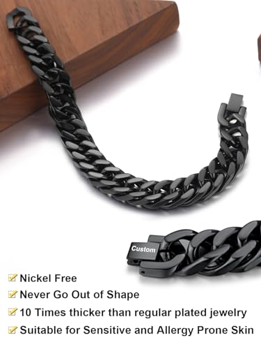 ChainsHouse Stainless Steel Cuban Link Bracelet, 6mm/8mm/12mm/17mm Width, 7.5"/8.3"/9", Black/ 18K Gold Plated Chain Wrist Bracelets for Men Women, Send Gift Box - color: S: Black-8mm width-custom