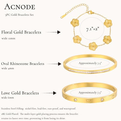 Gold Bangle Bracelets for Women -2PCS Friendship & Love Bangle Bracelet Clover Nail Bracelet Stack Set Trendy Non-Tarnish Stainless Steel Jewelry Gifts for Mom Wife Her - color: Gold 3PCS
