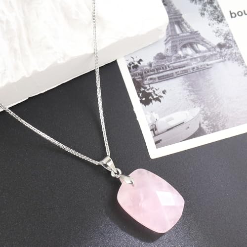 iSTONE 925 Sterling Silver Natural Crytral for Womens Pendant Necklace, Gemstone Birthstone with 17.8" Silver Chain Ladies - color: Rectangle - Rose Quartz