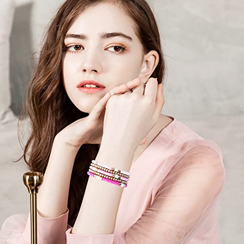 GOOJIDS Surfer Heishi Clay Bead Bracelets for Women Bohemian Stackable Gold Plated Beaded Stretch Bracelets Elastic Layering Friendship Bracelets Set Boho Jewelry - color: C-New Rose Color Sets