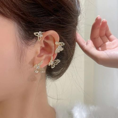 2Pcs Butterfly Ear Cuffs Rhinestone Clip On Earrings | Rhinestone butterfly ear cuffs with non piercing clip on design; silver ear wrap climber jewelry for parties and weddings - style: Style C Gold
