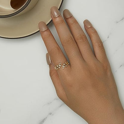 MUNDELL 925 Sterling Silver Simple Multi-layer Leaf Adjustable Ring Green Lucky Leaves Statement Ring for Women Promise Ring Fine Jewelry - color: Golden Leaf
