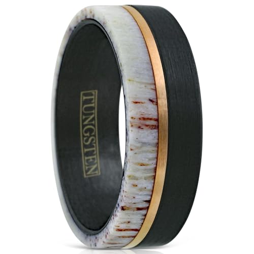King's Cross Exquisite 6mm/8mm Brushed Finish Black Tungsten Carbide Flat Band Ring with Rose Gold Stripe and Raw Speckled White Deer Antler Inlay, (CNE556)