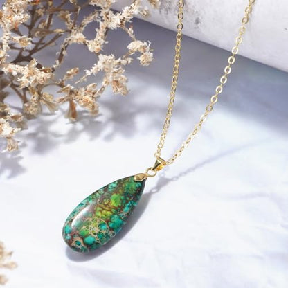 Suyi Stone Necklace for Women Teardrop Colorful Pendant Necklaces - color: Green Gold