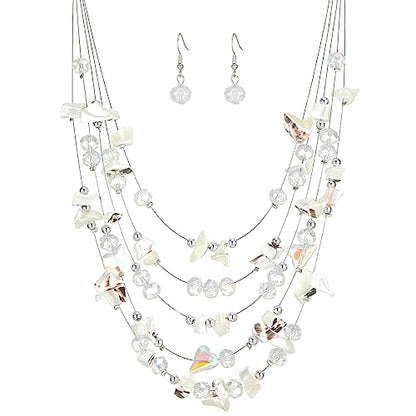 Multi-Layer Boho Shell Beaded Necklace for Women Colorful Crystal Strand with Silver Beads Statement Collars Necklace and Earrings Costumes Jewelry Sets for Women - color: 45-White