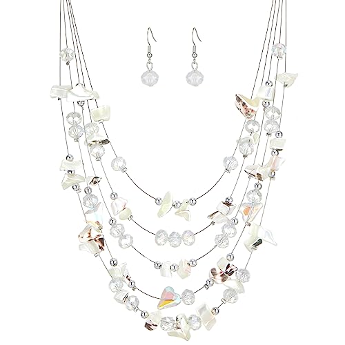 Multi-Layer Boho Shell Beaded Necklace for Women Colorful Crystal Strand with Silver Beads Statement Collars Necklace and Earrings Costumes Jewelry Sets for Women - color: 45-White