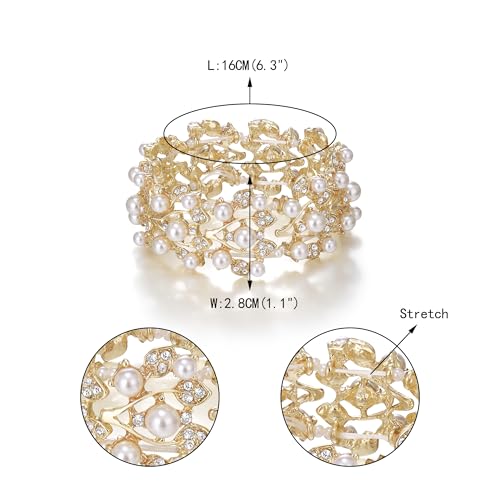 Crystal Cream Faux Pearl 1920s Vine Leaf Wedding Stretch Bracelet for Women | White Rhinestone Bridal Prom Jewelry - color: Gold-Plated-Base