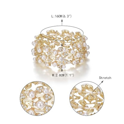 Crystal Cream Faux Pearl 1920s Vine Leaf Wedding Stretch Bracelet for Women | White Rhinestone Bridal Prom Jewelry - color: Gold-Plated-Base