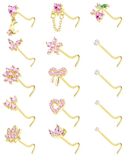 BSJ4U Nose Rings Corkscrew for Women Nose Piercings 20G Surgical Stainless Steel Gold Plated Nose Studs Pink Red CZ Heart Butterfly Flower Cherry Bow Moon Dangle Nose Piercing Jewelry - color: Gold Pink Nose Rings