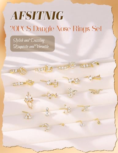 20Pcs 20G Dangle Nose Rings for Women Surgical Steel L Shaped Dangling Nose Studs Dainty Nose Ring Hoop Set CZ Heart Flower Butterfly Moon Nose Piercing Jewelry - color: Gold Clear Nose Rings