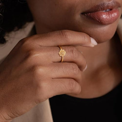 Birth Flower Stacking Ring for Women | 14K Gold Plated Brass, 12 Engraved Floral Motifs, Slim Stack-Ready Band, Available in US Sizes 5-9 - style: Oct.-Marigold