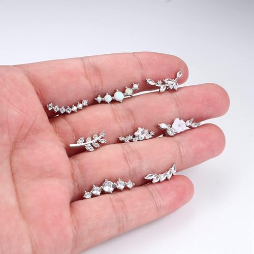 8Pcs Stainless Steel 16G Conch Piercing Jewelry Helix Cartilage Earrings | Flower Opal CZ Stud Earrings Set with Flat Back for Women, 18K Gold Plated, Silver, Rose Gold - color: Silver