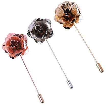 COSMOS Pack of 3 Men's Suit Metal Rose Lapel Flower Pin - color: Multi