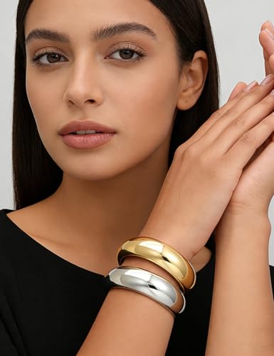 Chunky Gold Bangle Bracelets for Women, Dainty 14k Gold Plated Big Stackable Bangles Set, Trendy Statement Cuff Bracelet Stack Fashion Jewelry Gifts - style: 2 Silver & gold chunky bangles