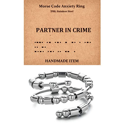 Morse Code Rings for Women, Stainless Steel Spinner Ring Fidget Rings for Anxiety Ring Morse Code Rings Inspirational Gifts Jewelry Women Birthday Graduation Gifts for Best Friends - style: 22 PARTNER IN CRIME