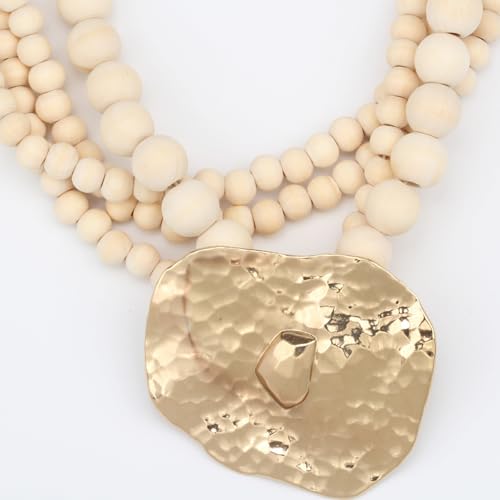 Multi Strand Bead Pendant Necklace for Women Stone Wood Pearl Jewelry | Gold Color Metal Charm Fashion Ethnic Tribal Elegant Statement - color: N1537-wood