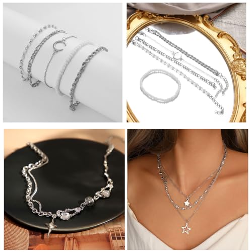 37pcs Silver Jewelry Set With 3 PCS Necklace, 14 PCS Bracelet, 7 PCS Ear Cuffs Earring, 6pcs Hoop Earrings,7pcs silver rings set For Women For Birthday Gifts