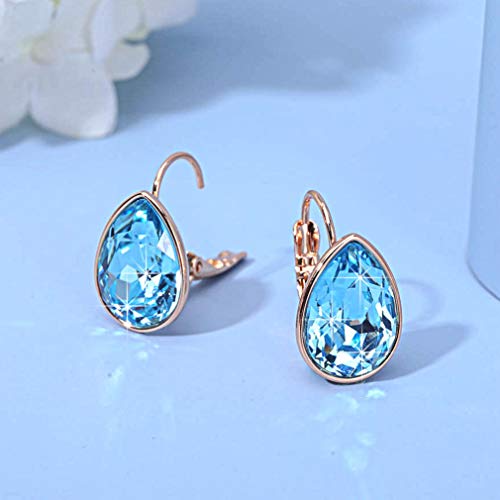 Austrian Crystal Teardrop Leverback Drop Earrings for Women | 14K Gold-Plated Finish, Sparkling Pear Stone, Smooth Bezel Frame, Secure Leverback Closure, Dainty Day-To-Evening Style - color: Aquamarine
