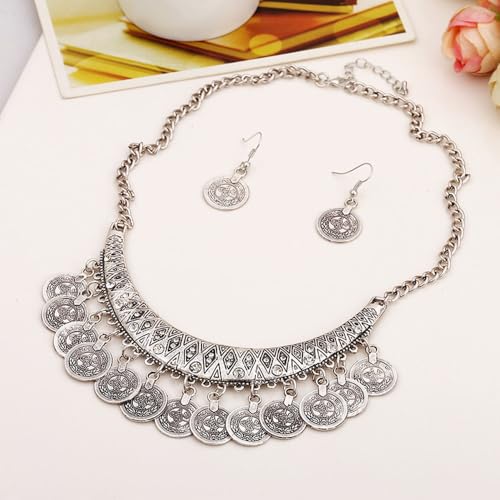 Chunky Coin Necklace Earrings Set,Bohemia Plated Gold Coin Tassel Personalized Choker Earrings,Ethnic Gypsy Statement Jewelry Set for Women - color: Silver