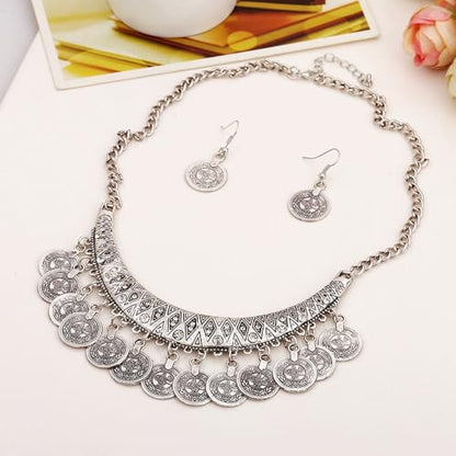 Chunky Coin Necklace Earrings Set,Bohemia Plated Gold Coin Tassel Personalized Choker Earrings,Ethnic Gypsy Statement Jewelry Set for Women - color: Silver