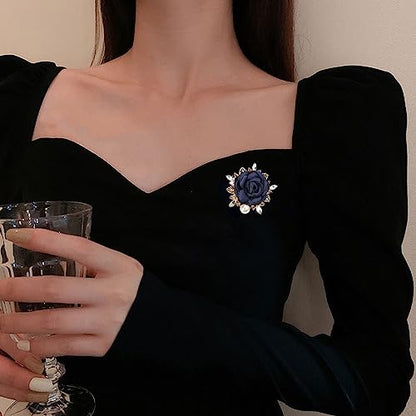 Elegant Rose Flower Brooch Pin for Women Men Wedding Party Gentleman's Essentials Handmade Imitation Crystal Pearl Fabric Flower Lapel Pin Dress Suit Accessories Boutonniere Ideas Gift - color: Blue