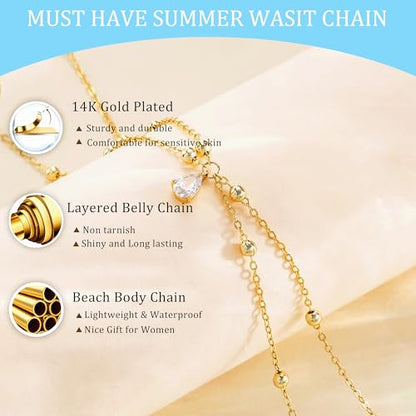 14K Gold Plated Waist Chain for Women, Layered Belly Body Chain | Dainty Belt Chains, Waterproof Waist Beads, Snake Cuban Body Chain, Summer Beach Bikini Jewelry, Accessories for Women