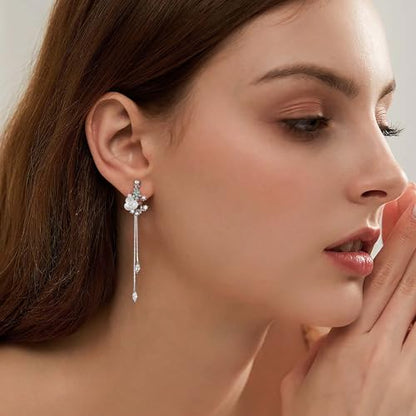 Awinesn Clip on Earrings Dangle Pearl Drop Clip Earrings for Women Trendy Dangle Chain Dainty Flower Wedding Earrings for Brides 14K Gold Plated Statement Non Pierced Earrings for Women Sparkly Jewelry - style: fugu-lanflower-s