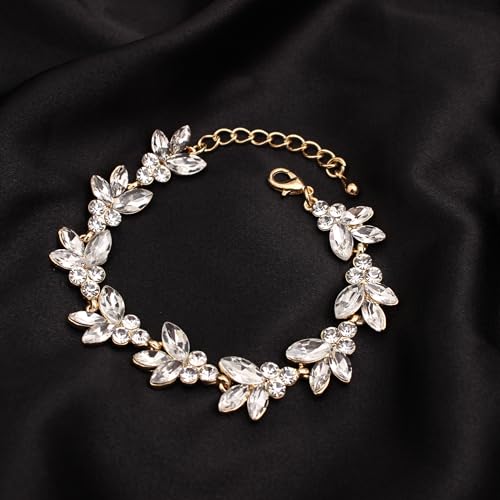 Bridal Wedding Crystal Leaf Choker Necklace Dangle Earring Bracelet Brides Bridesmaid Jewelry Set for Women - color: White-Gold Plated