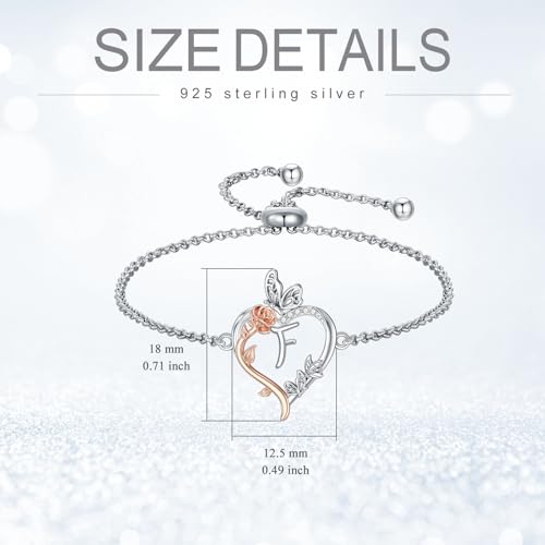 TOUPOP Gifts for Women Rose Heart Initial Bracelet 925 Sterling Silver Butterfly Letter Link Bracelet Love Jewelry Anniversary Birthday Gifts for Wife Girlfriend Mom Her - style: Initial F
