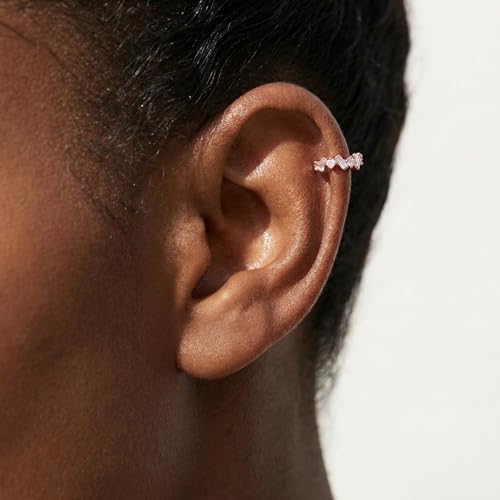 SLUYNZ 925 Sterling Silver CZ Cuff Earrings for Women Small Hoop Earrings No Piercing Cartilage Earrings - color: C-Rose Gold Plated