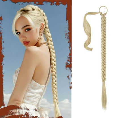 Long Braid Ponytail Extension with Hair Tie Straight Sleek Wrap Around Hair Extensions Braid Pony Tail Fluffy Soft Synthetic Hairpieces for Women Daily Wear,26 inch-Light Blonde Mix Platinum - color: Light Blonde Mix Platinum, size: 26 Inch (Pack of 1)