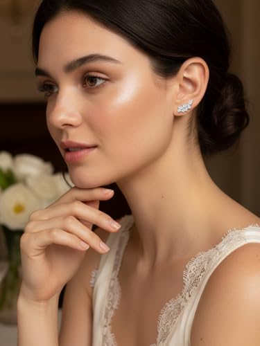 Moissanite 20mm Butterlfy/Flower/Leaf/Bezel Crawler Stud Earrings for Women, 925 Sterling Silver with Gold Plated, Hypoallergenic Cartilage Earrings, Valentines Birthday Anniversary Wedding Gift - color: Leaf - 3.90 Carat - White Gold