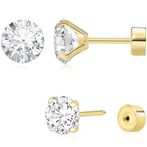 Threadless Flat Back Earrings, Hypoallergenic 14K Real Gold Plated CZ Stud Earrings | Cartilage Earring | Tragus Helix Piercing Jewelry | Push in Flatback Earrings for Women Men - color: 14K Gold, size: 8 Millimeters