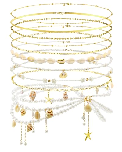 Lenwen 10 Pcs Summer Beach Belly Chain Adjustable Waist Multi Layered Chain Waist Jewelry for Women Girls Multilayer Body - color: Gold, style: Elegant Style