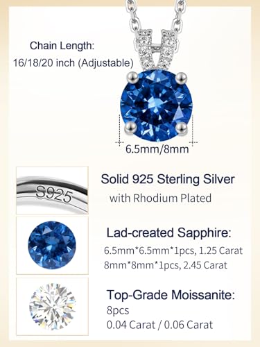 CYW Genuine Sapphire/Emerald/Ruby/Moissanite Necklace for Women, Really Authentic Solid 925 Sterling Silver, 16"/18"/20" Adjustable Chain, Anniversary Mother's Day Valentines Gift - color: Sapphire - Round - White Gold, size: 8mm
