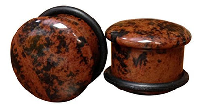 Pair Single Flare Mahogany Obsidian Stone Plugs Gauge Earlets Organic Pierced Body Jewelry - style: 5/8" (16mm)