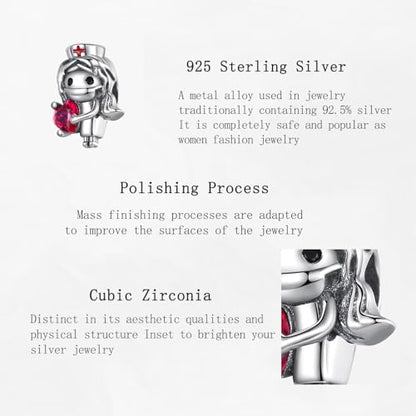 Charms Beads 925 Sterling Silver Animal Heart Flower Friend Dangle Pendant with 5A Cubic fits for Charms Bracelets for Woman Valentine's Day Mother's Day Christmas Graduation Birthday Gift - style: J07-Red Heart's White Angel Nurses